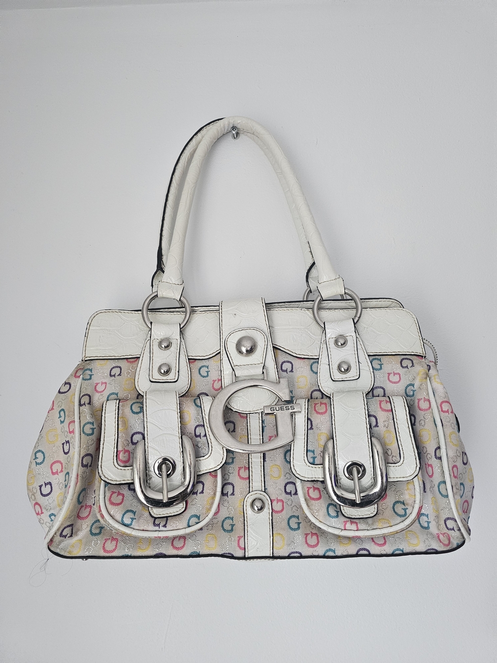 GUESS White Multicolor G-Print Satchel with Silver G Accent
